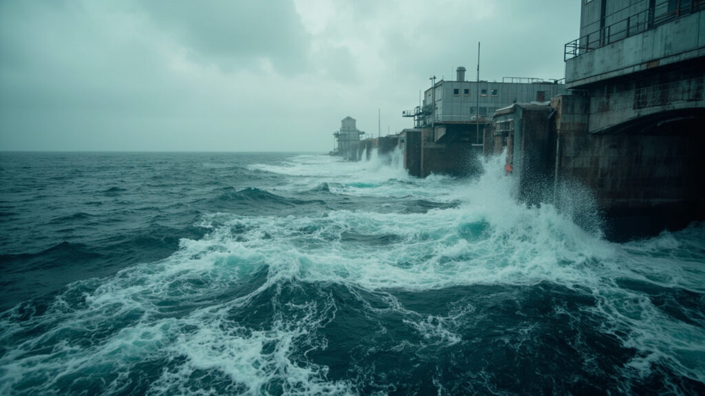 Turbinas de usina para geração de energia maremotriz x energia das ondas operando em canal marítimo com águas profundas.