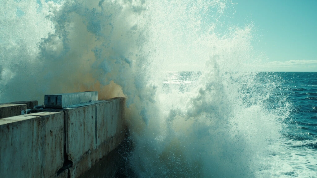 Estrutura de captação costeira de energia das ondas x energia maremotriz recebendo impacto do mar.
